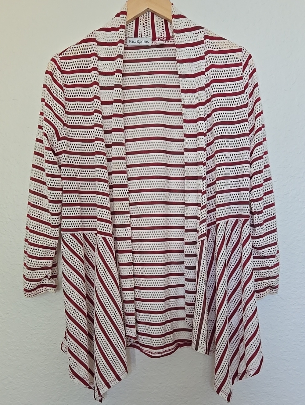 Kim Rogers White and Burgundy Open-Front Striped Cardigan